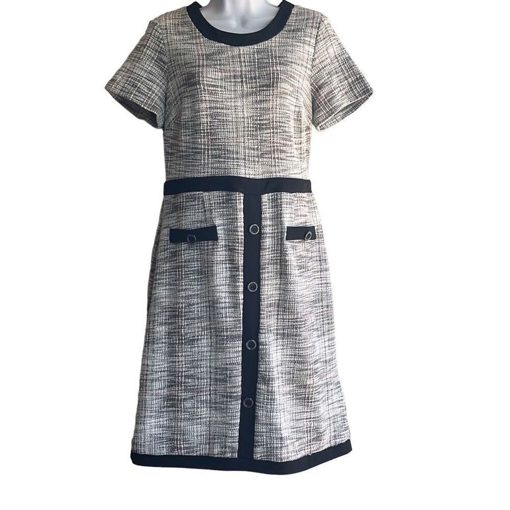 Shelby & Palmer Size 12 Black White Tweed A-Line Dress Short Sleeve‎ Buttons Zip